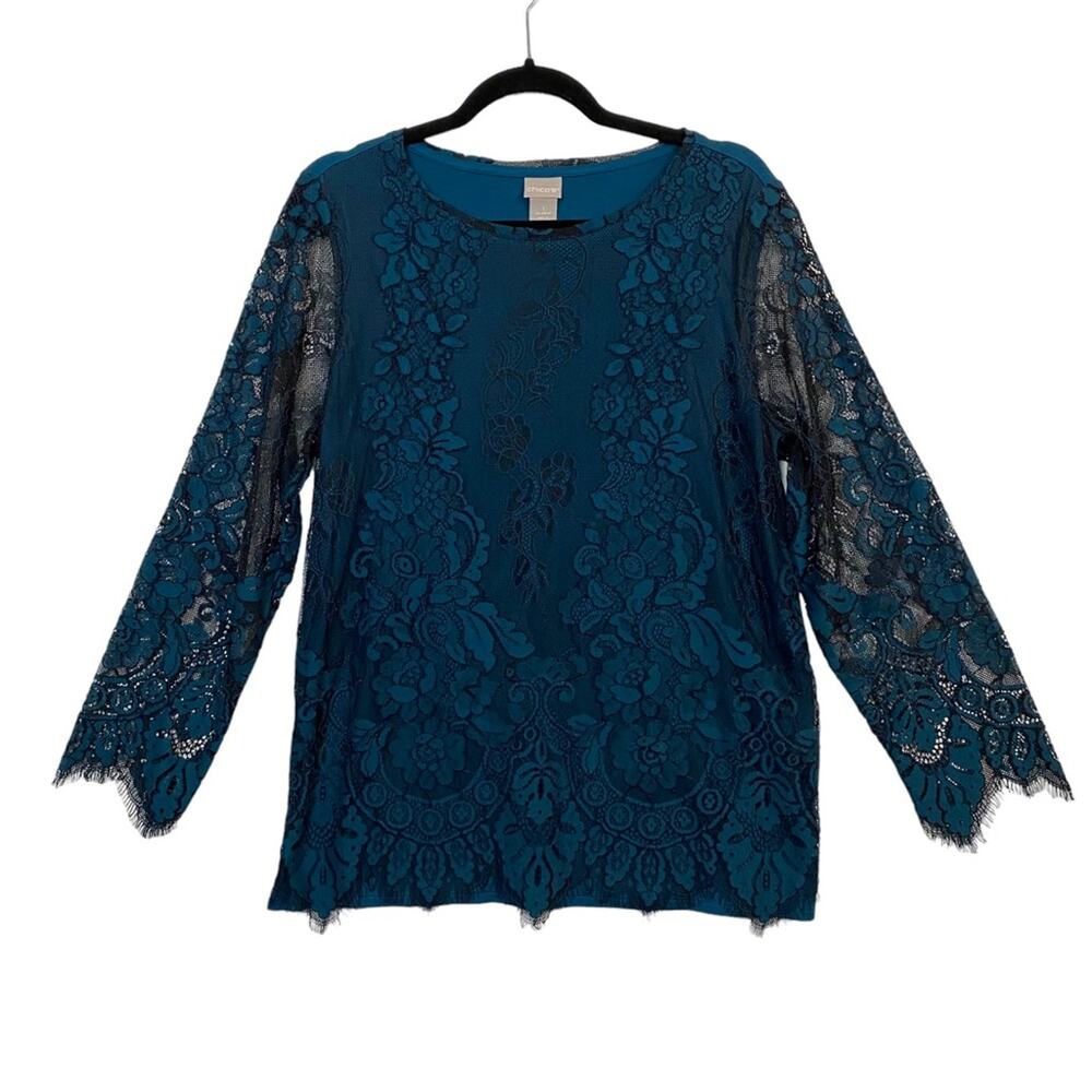 Chico's Teal Lace Overlay Top Size Medium